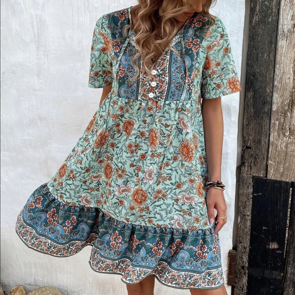 Floral Print Tie Neck Smock Mini Dress - Picture 6 of 7